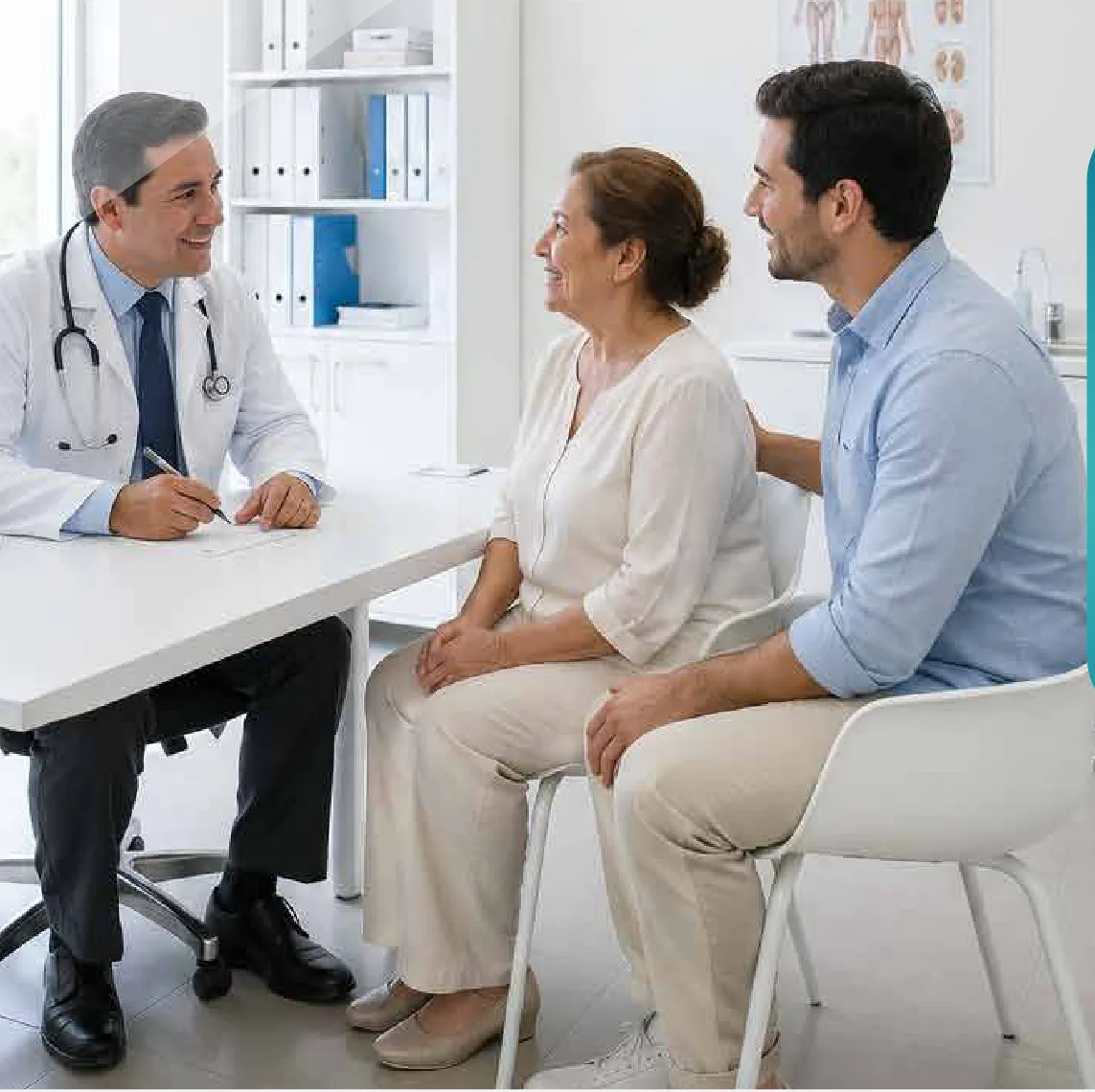 Médico atendiendo en consulta a una pareja de pacientes