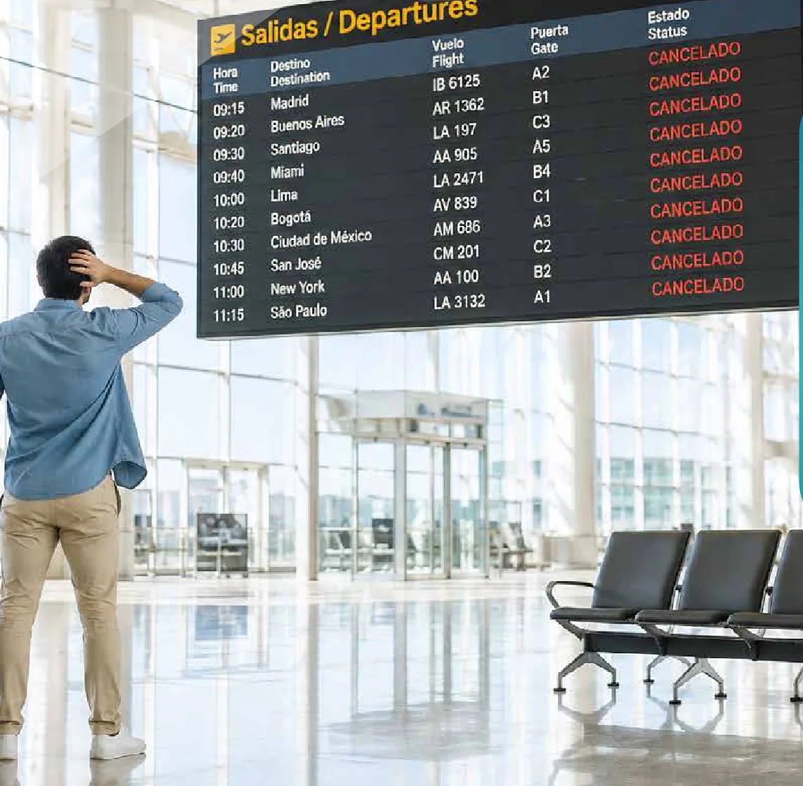 Viajero con maleta frente a un panel de vuelos cancelados en un aeropuerto